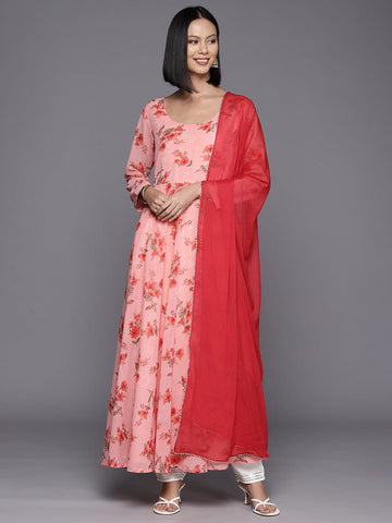Pink Floral Printed Anarkali Kurta Paired With Solid Dupatta